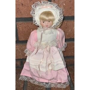 Vintage 8" Porcelain Doll Pink and White Lace Victorian Dress Blonde Hair Bonnet